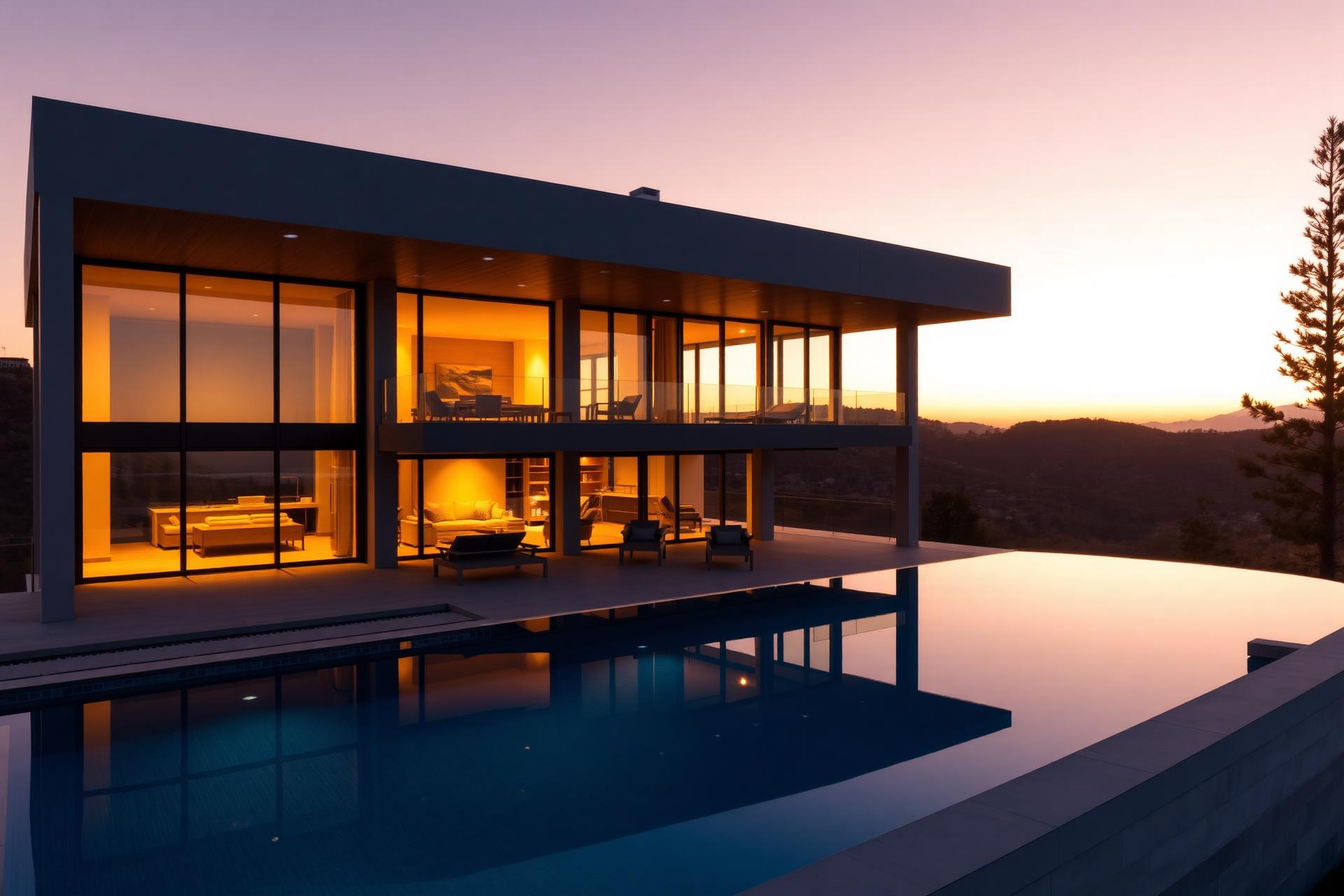 Modern hillside home at golden hour